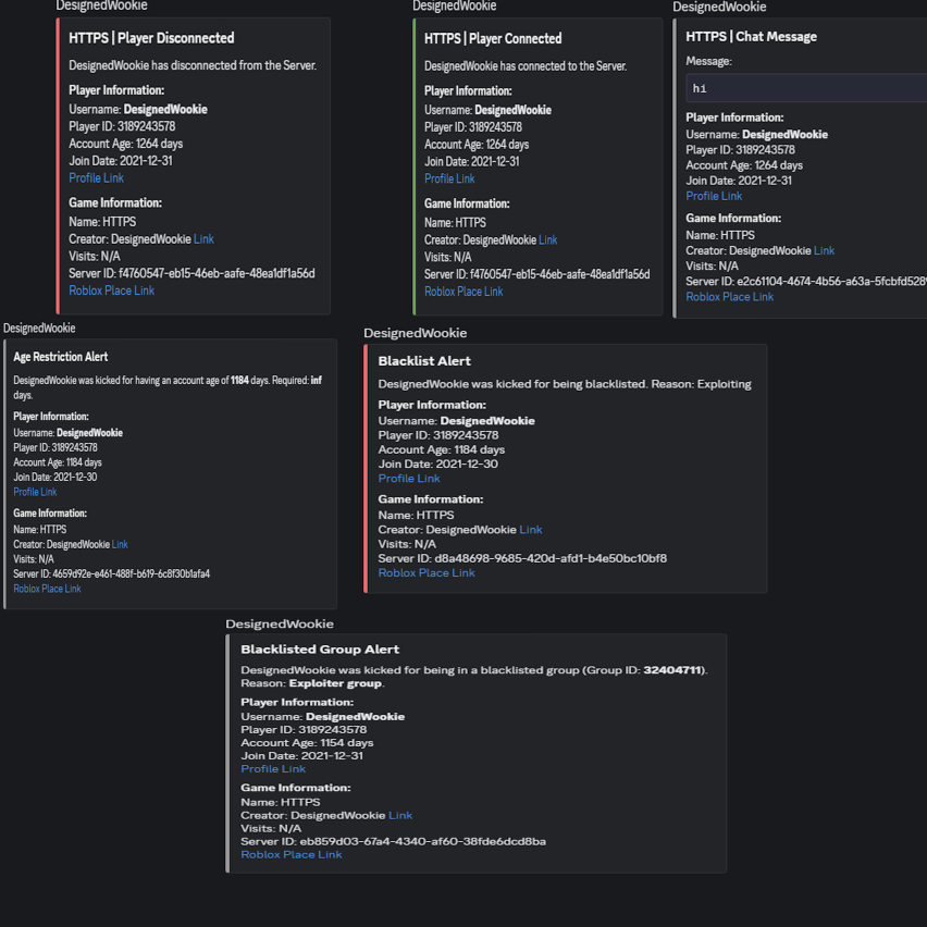 Discord webhook integrated logging system for Roblox